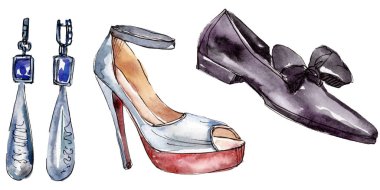 Moda kroki glamour çizimde bir suluboya stil izole öğesi. Suluboya arka plan ayarlamak.