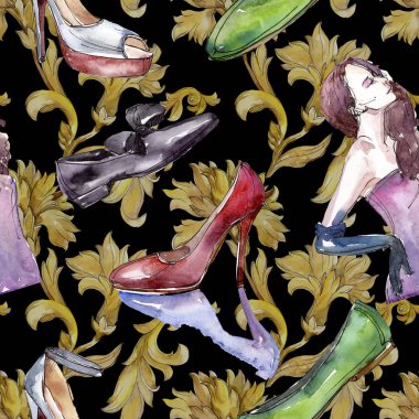 Moda kroki glamour çizimde bir suluboya stil izole öğesi. Sorunsuz arka plan deseni.