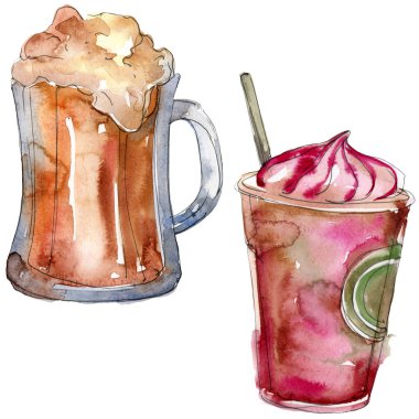 Alkollü bar parti kokteyl içeceği. Suluboya arka plan illüstrasyon seti. İzole içecekler illüstrasyon elemanı.