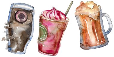 Alkollü bar parti kokteyl içeceği. Suluboya arka plan illüstrasyon seti. İzole içecekler illüstrasyon elemanı.