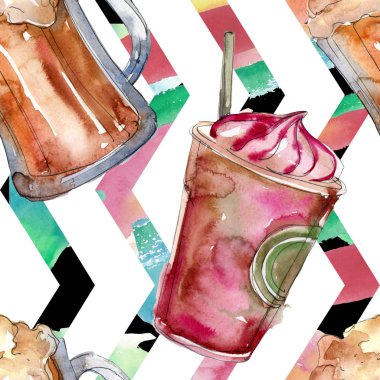 Alkollü bar parti kokteyl içeceği. Suluboya arka plan izole illüstrasyon seti. Kesintisiz arka plan deseni.