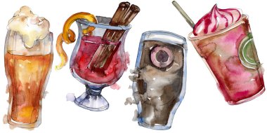 Alkollü bar parti kokteyl içeceği. Suluboya arka plan illüstrasyon seti. İzole içecekler illüstrasyon elemanı.