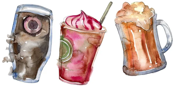 Alkollü bar parti kokteyl içeceği. Suluboya arka plan illüstrasyon seti. İzole içecekler illüstrasyon elemanı.