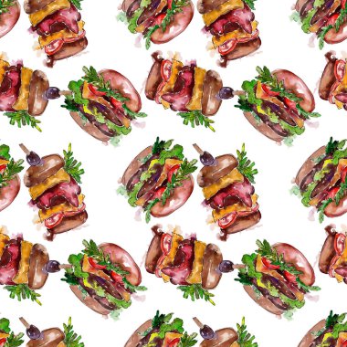 Hamburger fast food izole. Suluboya arka plan illüstrasyon seti. Kesintisiz arka plan deseni.