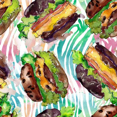 Hamburger fast food izole. Suluboya arka plan illüstrasyon seti. Kesintisiz arka plan deseni.