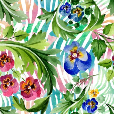 Viyola çiçek botanik çiçekleri ile süs. Suluboya arka plan illüstrasyon seti. Kesintisiz arka plan deseni.