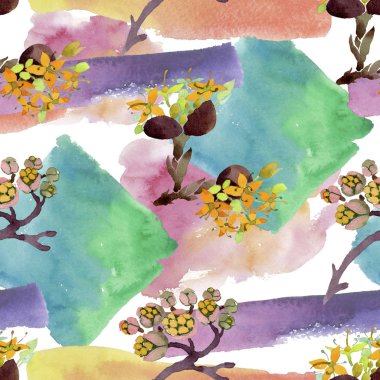 Cornus mas çiçek botanik çiçekler. Suluboya arka plan illüstrasyon seti. Kesintisiz arka plan deseni.