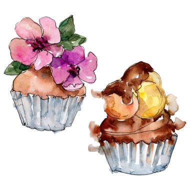Suluboya tarzında lezzetli cupcake. Arka plan çizim seti. Suluboya çizim moda aquarelle izole.