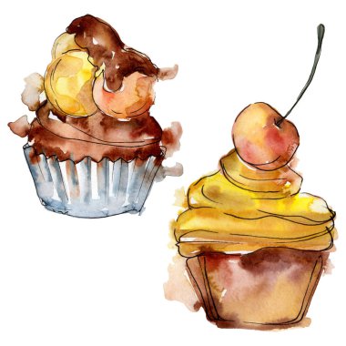 Suluboya tarzında lezzetli cupcake. Arka plan çizim seti. Suluboya çizim moda aquarelle izole.