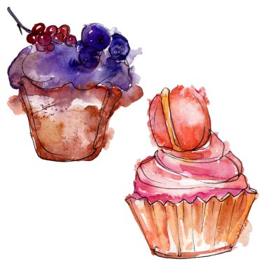 Suluboya tarzında lezzetli cupcake. Arka plan çizim seti. Suluboya çizim moda aquarelle izole.