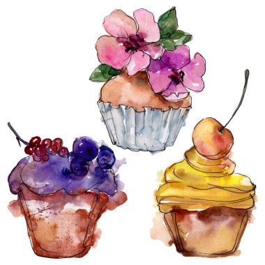 Suluboya tarzında lezzetli cupcake. Arka plan çizim seti. Suluboya çizim moda aquarelle izole.