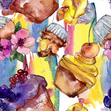 Lezzetli pasta ve çörek suluboya tarzında. Suluboya resim ayarlayın. Sorunsuz arka plan deseni.