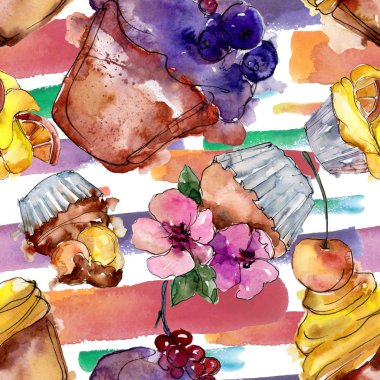 Lezzetli pasta ve çörek suluboya tarzında. Suluboya resim ayarlayın. Sorunsuz arka plan deseni.