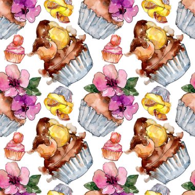 Lezzetli pasta ve çörek suluboya tarzında. Suluboya resim ayarlayın. Sorunsuz arka plan deseni.