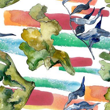 Yeşil ve menekşe su altı doğa mercan resifi. Suluboya illüstrasyon seti. Kesintisiz arka plan deseni.