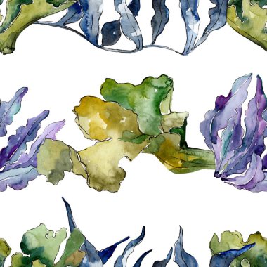 Yeşil ve menekşe su altı doğa mercan resifi. Suluboya illüstrasyon seti. Kesintisiz arka plan deseni.