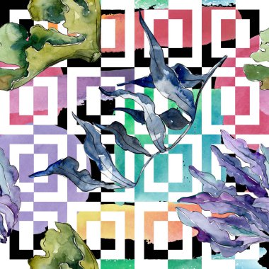 Yeşil ve menekşe su altı doğa mercan resifi. Suluboya illüstrasyon seti. Kesintisiz arka plan deseni.