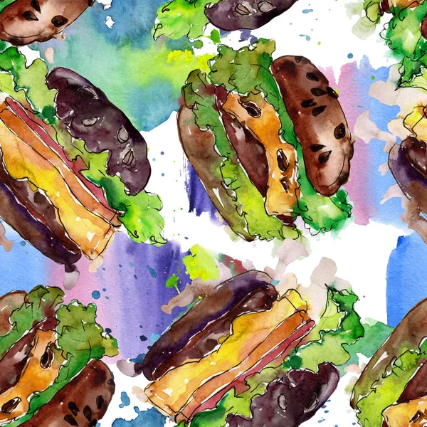 Hamburger fast food izole. Suluboya arka plan illüstrasyon seti. Kesintisiz arka plan deseni.