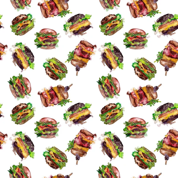 Hamburguesa de comida rápida aislada. Conjunto de ilustración de fondo acuarela. Patrón de fondo sin costuras . —  Fotos de Stock