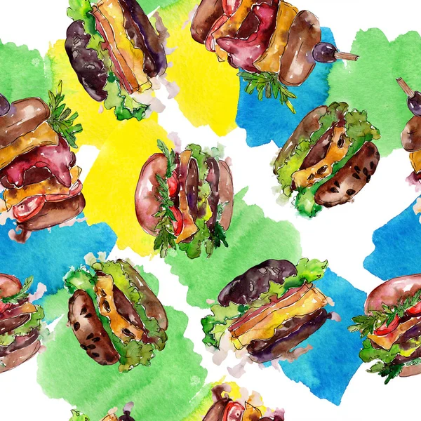 Hamburguesa de comida rápida aislada. Conjunto de ilustración de fondo acuarela. Patrón de fondo sin costuras . —  Fotos de Stock