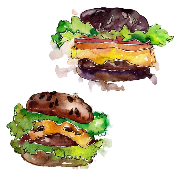 Гамбургер фаст-фуд ізольований. Набір ілюстрацій для акварельного фону. Ізольований елемент ілюстрації закуски . — стокове фото