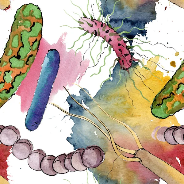 Microbio o germen ahogan la mano ilustración. Conjunto de ilustración de fondo acuarela. Patrón de fondo sin costuras . — Foto de Stock