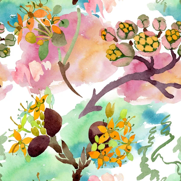 Cornus mas çiçek botanik çiçekler. Suluboya arka plan illüstrasyon seti. Kesintisiz arka plan deseni.