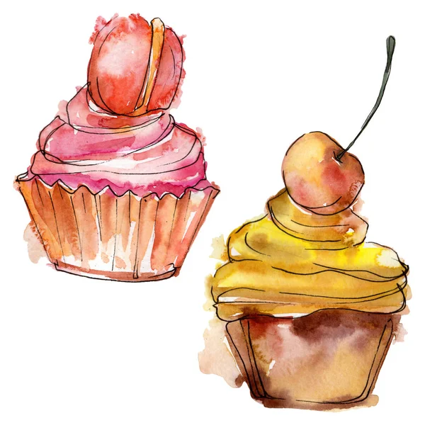 Suluboya tarzında lezzetli cupcake. Arka plan çizim seti. Suluboya çizim moda aquarelle izole.