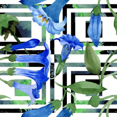 Mavi brugmansia çiçek botanik çiçekleri. Suluboya arka plan illüstrasyon seti. Kesintisiz arka plan deseni.
