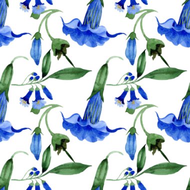 Mavi brugmansia çiçek botanik çiçekleri. Suluboya arka plan illüstrasyon seti. Kesintisiz arka plan deseni.