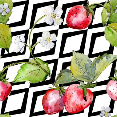 Çileksağlıklı yemek. Suluboya arka plan illüstrasyon seti. Kesintisiz arka plan deseni.