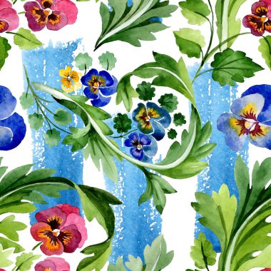 Viyola çiçek botanik çiçekleri ile süs. Suluboya arka plan illüstrasyon seti. Kesintisiz arka plan deseni.