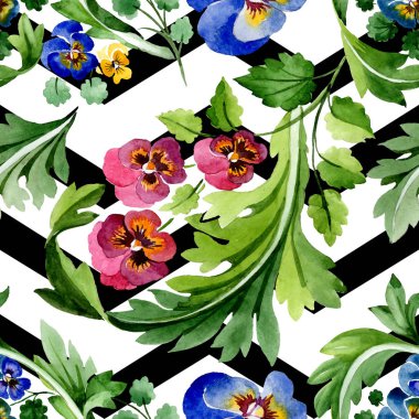 Viyola çiçek botanik çiçekleri ile süs. Suluboya arka plan illüstrasyon seti. Kesintisiz arka plan deseni.