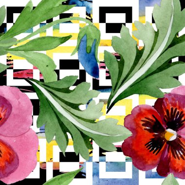 Viyola çiçek botanik çiçekleri ile süs. Suluboya arka plan illüstrasyon seti. Kesintisiz arka plan deseni.