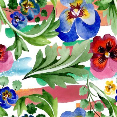 Viyola çiçek botanik çiçekleri ile süs. Suluboya arka plan illüstrasyon seti. Kesintisiz arka plan deseni.