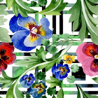 Viyola çiçek botanik çiçekleri ile süs. Suluboya arka plan illüstrasyon seti. Kesintisiz arka plan deseni.