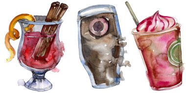 Alkollü bar parti kokteyl içeceği. Suluboya arka plan illüstrasyon seti. İzole içecekler illüstrasyon elemanı.