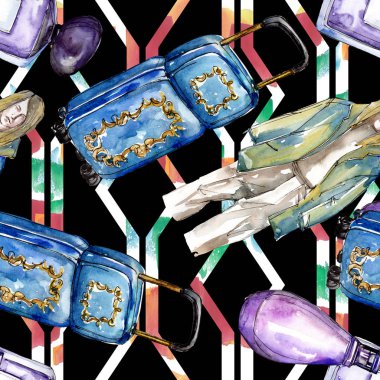 Moda kroki glamour çizimde bir suluboya stil izole öğesi. Sorunsuz arka plan deseni.