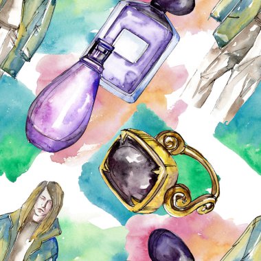 Moda kroki glamour çizimde bir suluboya stil izole öğesi. Sorunsuz arka plan deseni.