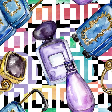 Moda kroki glamour çizimde bir suluboya stil izole öğesi. Sorunsuz arka plan deseni.