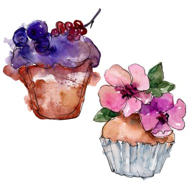 Suluboya tarzında lezzetli cupcake. Arka plan çizim seti. Suluboya çizim moda aquarelle izole.