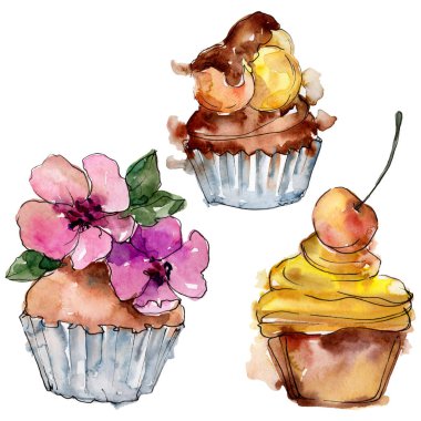 Suluboya tarzında lezzetli cupcake. Arka plan çizim seti. Suluboya çizim moda aquarelle izole.