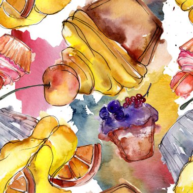 Lezzetli pasta ve çörek suluboya tarzında. Suluboya resim ayarlayın. Sorunsuz arka plan deseni.