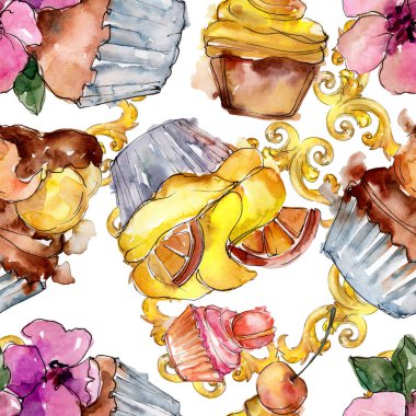 Lezzetli pasta ve çörek suluboya tarzında. Suluboya resim ayarlayın. Sorunsuz arka plan deseni.