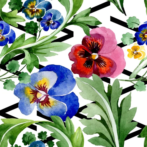 Viyola çiçek botanik çiçekleri ile süs. Suluboya arka plan illüstrasyon seti. Kesintisiz arka plan deseni.
