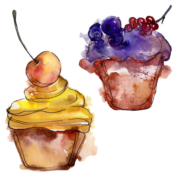 Suluboya tarzında lezzetli cupcake. Arka plan çizim seti. Suluboya çizim moda aquarelle izole.