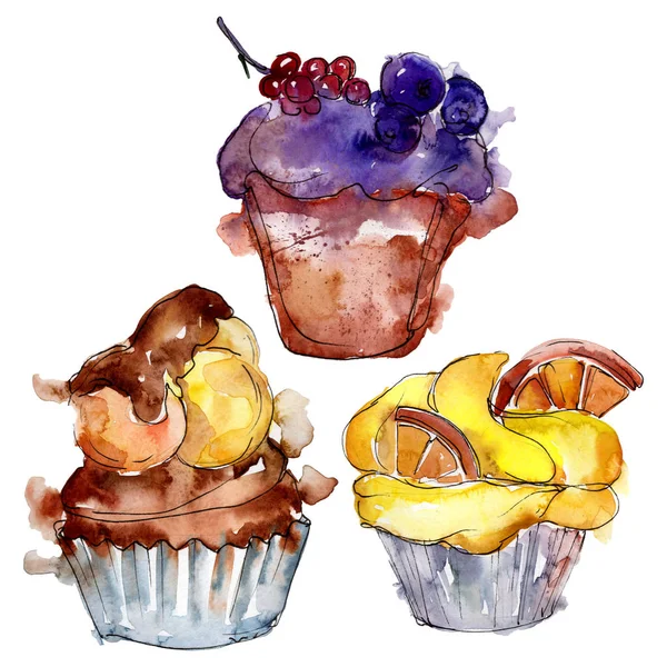 Suluboya tarzında lezzetli cupcake. Arka plan çizim seti. Suluboya çizim moda aquarelle izole.