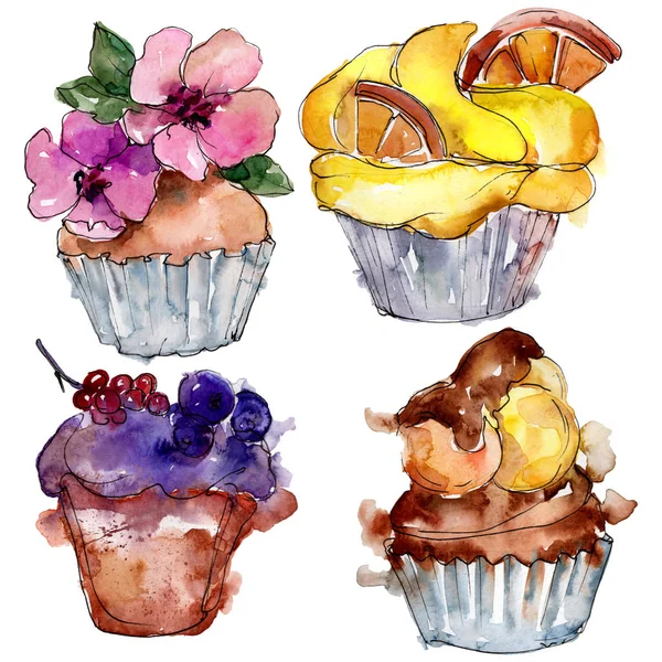Suluboya tarzında lezzetli cupcake. Arka plan çizim seti. Suluboya çizim moda aquarelle izole.