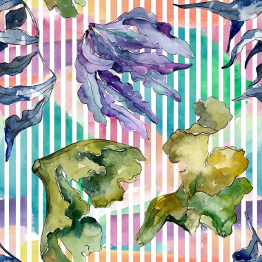 Yeşil ve menekşe su altı doğa mercan resifi. Suluboya illüstrasyon seti. Kesintisiz arka plan deseni.