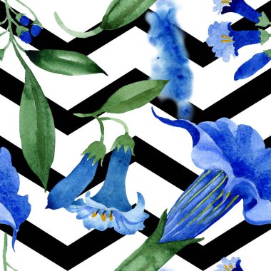 Mavi brugmansia çiçek botanik çiçekleri. Suluboya arka plan illüstrasyon seti. Kesintisiz arka plan deseni.